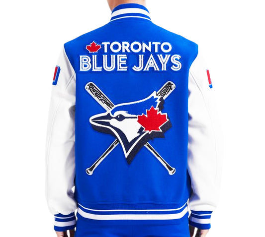 PRO STANDARD MEN'S MLB TORONTO BLUE JAYS 1993 WORLD SERIES MASH UP RIB WOOL ROYAL BLUE/ WHITE VARSITY JACKET