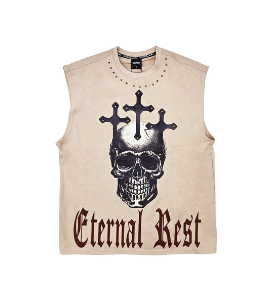 SWITCH MEN'S ETERNAL REST SKULL GRAPHIC CUT-OFF SLEEVELESS MUSCLE TANK TOP (SAND BROWN)