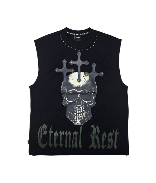 SWITCH MEN'S ETERNAL REST SKULL GRAPHIC CUT-OFF SLEEVELESS MUSCLE TANK TOP (BLACK)