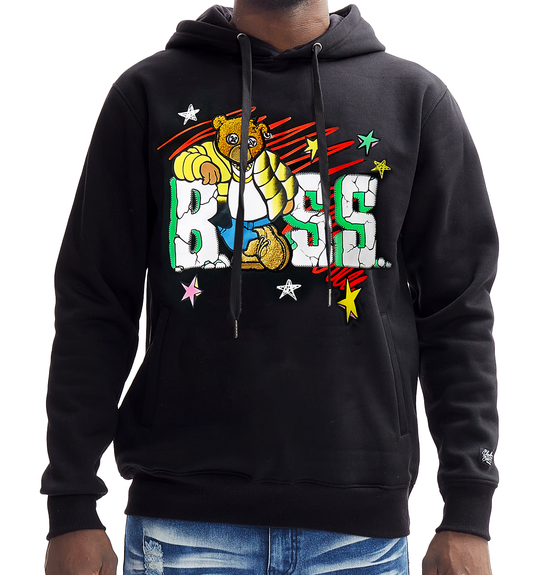 BLEECKER & MERCER MEN'S BOSS PRINT GRAPHIC FLEECE HOODIE (BLACK)