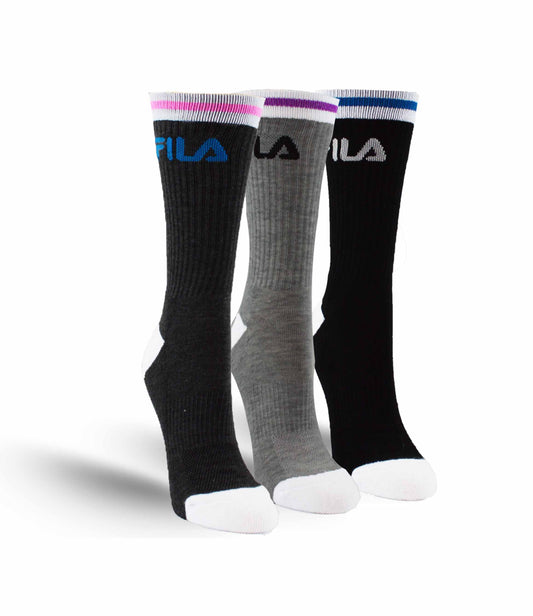 FILA WOMEN'S 3 PAIR LONG CREW SOCKS (BLACK/GREY/CHARCOAL)