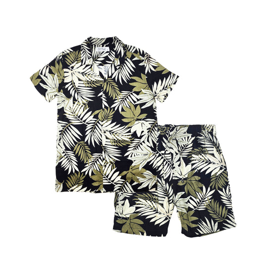 MEN'S COLOR CRAZE 2-PIECE BUTTON UP SHORT SLEEVES SHIRT & SHORTS SET (BLACK/GREEN)