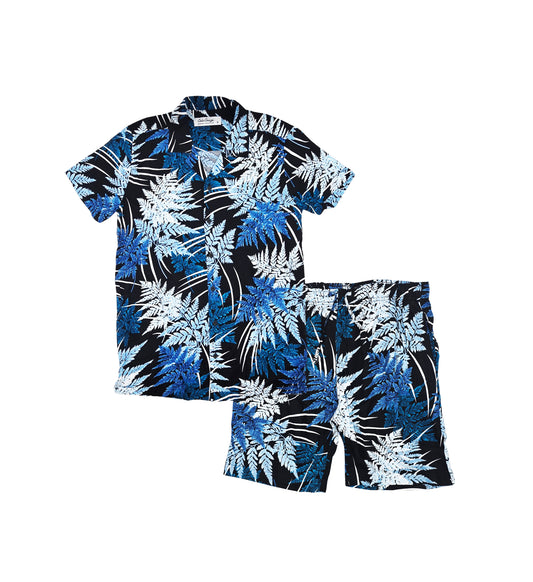 MEN'S COLOR CRAZE 2-PIECE BUTTON UP SHORT SLEEVES SHIRT & SHORTS SET (BLACK/BLUE)