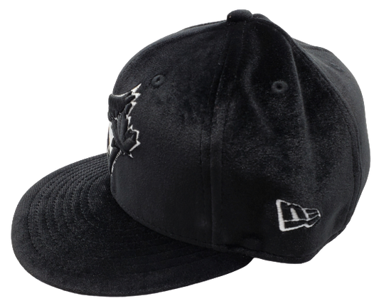 MEN'S TORONTO BLUEJAYS 5950 FITTED WHITE/BLACK LOGO ON BLACK VELOUR HAT