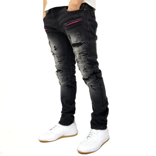 CREATE 2MRW RIP & REPAIR MOTO DENIM JEANS (BLACK)