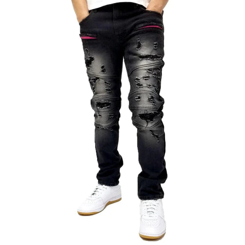 CREATE 2MRW RIP & REPAIR MOTO DENIM JEANS (BLACK)