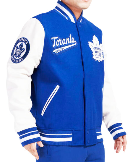 PRO STANDARD MEN'S NHL TORONTO MAPLE LEAFS SCRIPT TAIL WOOL ROYAL BLUE/WHITE VARSITY JACKET