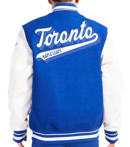 PRO STANDARD MEN'S NHL TORONTO MAPLE LEAFS SCRIPT TAIL WOOL ROYAL BLUE/WHITE VARSITY JACKET