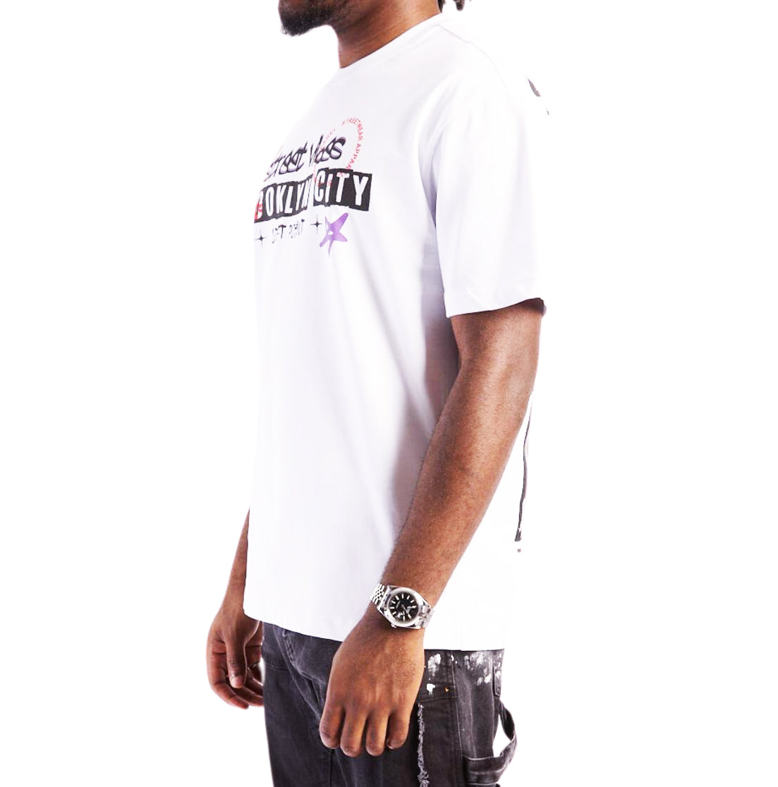 LEFT POINT MEN'S RHINESTONE DESIGN BROOKLYN CITY STREET VIBES T-SHIRT (WHITE)