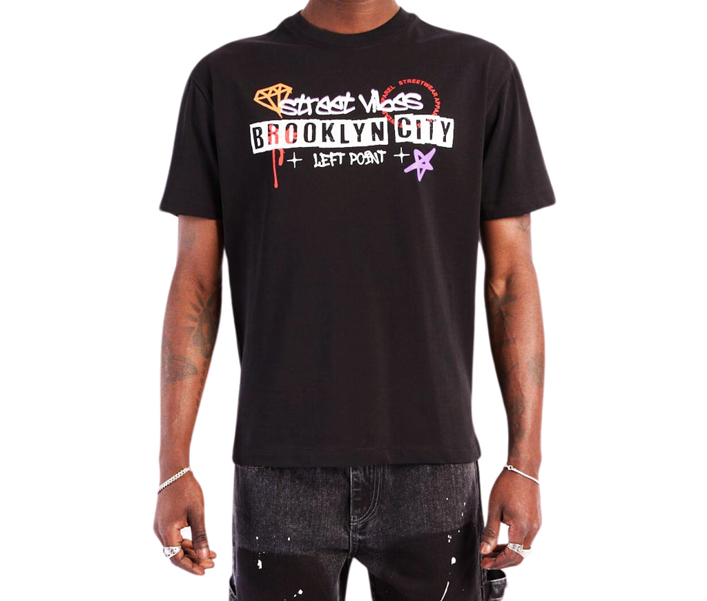 LEFT POINT MEN'S RHINESTONE DESIGN BROOKLYN CITY STREET VIBES T-SHIRT (BLACK)