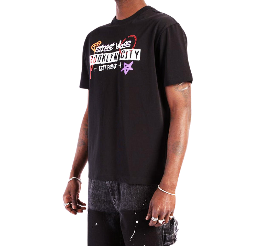 LEFT POINT MEN'S RHINESTONE DESIGN BROOKLYN CITY STREET VIBES T-SHIRT (BLACK)