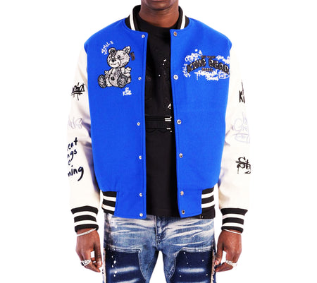 LEFT POINT MEN'S EMBROIDERED & RHINESTONE PAMP BEAR VARSITY JACKET (ROYAL BLUE)