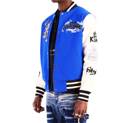 LEFT POINT MEN'S EMBROIDERED & RHINESTONE PAMP BEAR VARSITY JACKET (ROYAL BLUE)