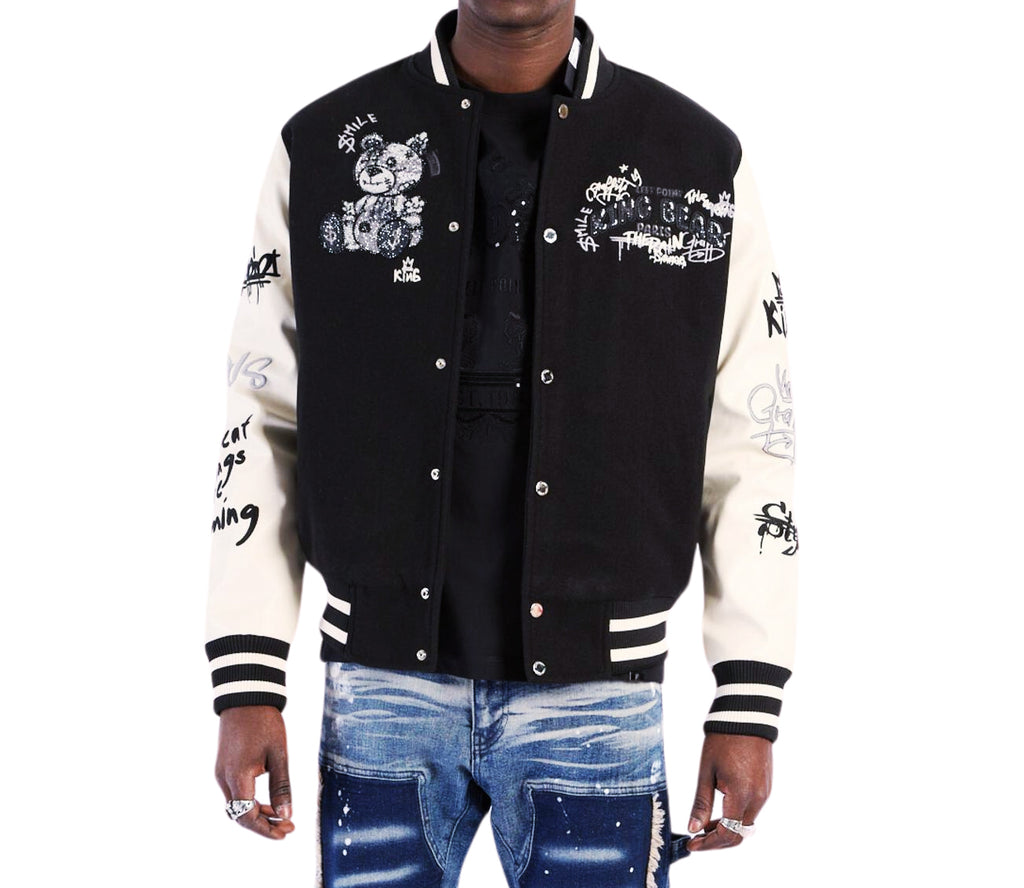 LEFT POINT MEN'S EMBROIDERED & RHINESTONE PAMP BEAR VARSITY JACKET (BLACK)