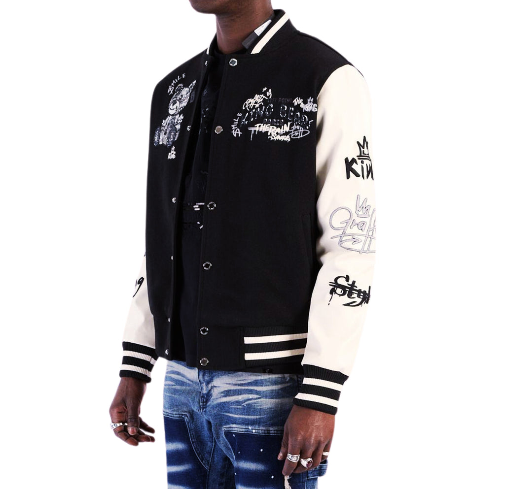 LEFT POINT MEN'S EMBROIDERED & RHINESTONE PAMP BEAR VARSITY JACKET (BLACK)