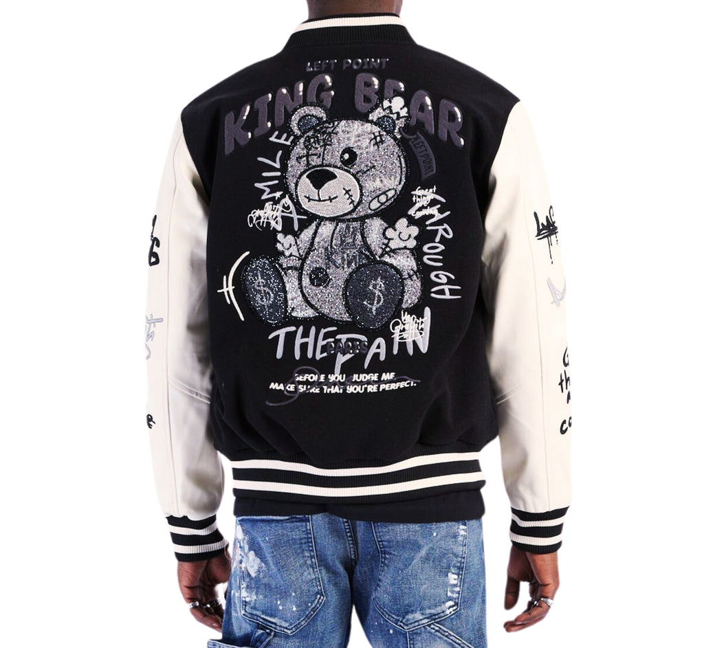 LEFT POINT MEN'S EMBROIDERED & RHINESTONE PAMP BEAR VARSITY JACKET (BLACK)