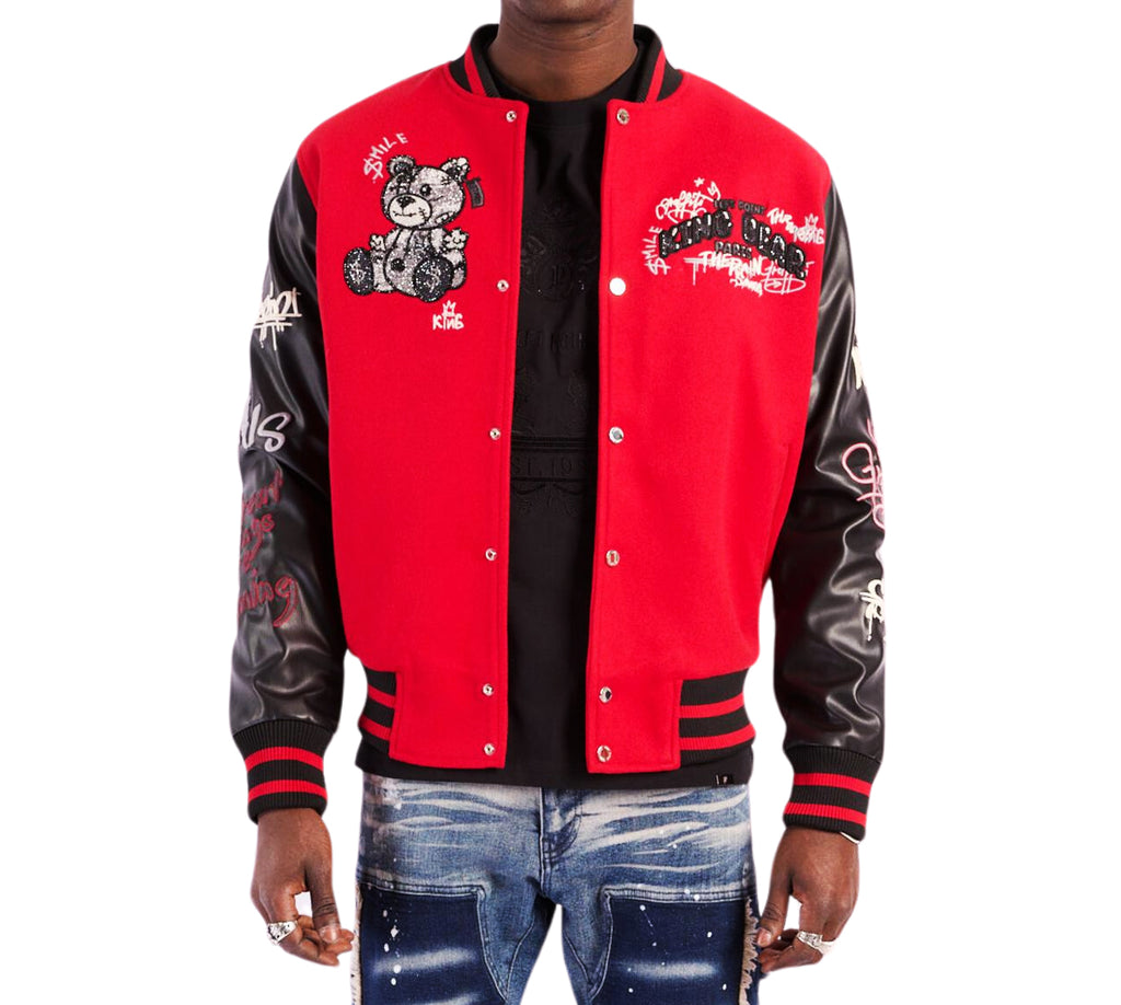 LEFT POINT MEN'S EMBROIDERED & RHINESTONE PAMP BEAR VARSITY JACKET (RED)