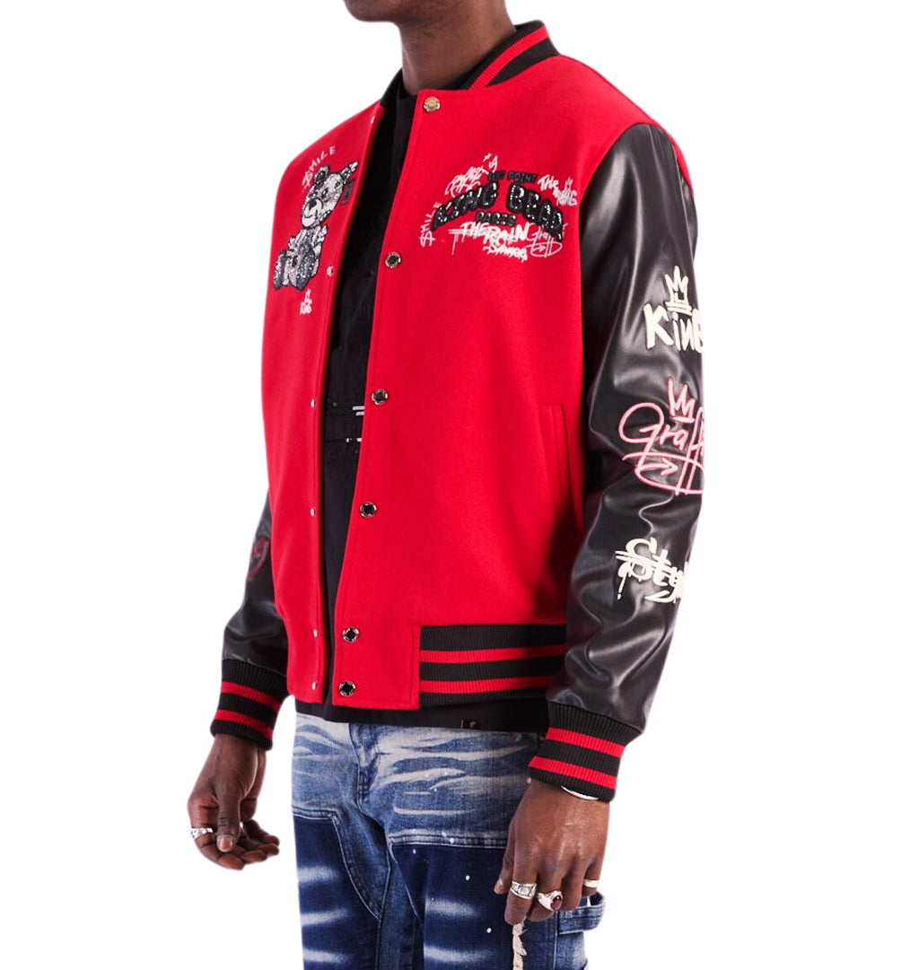 LEFT POINT MEN'S EMBROIDERED & RHINESTONE PAMP BEAR VARSITY JACKET (RED)