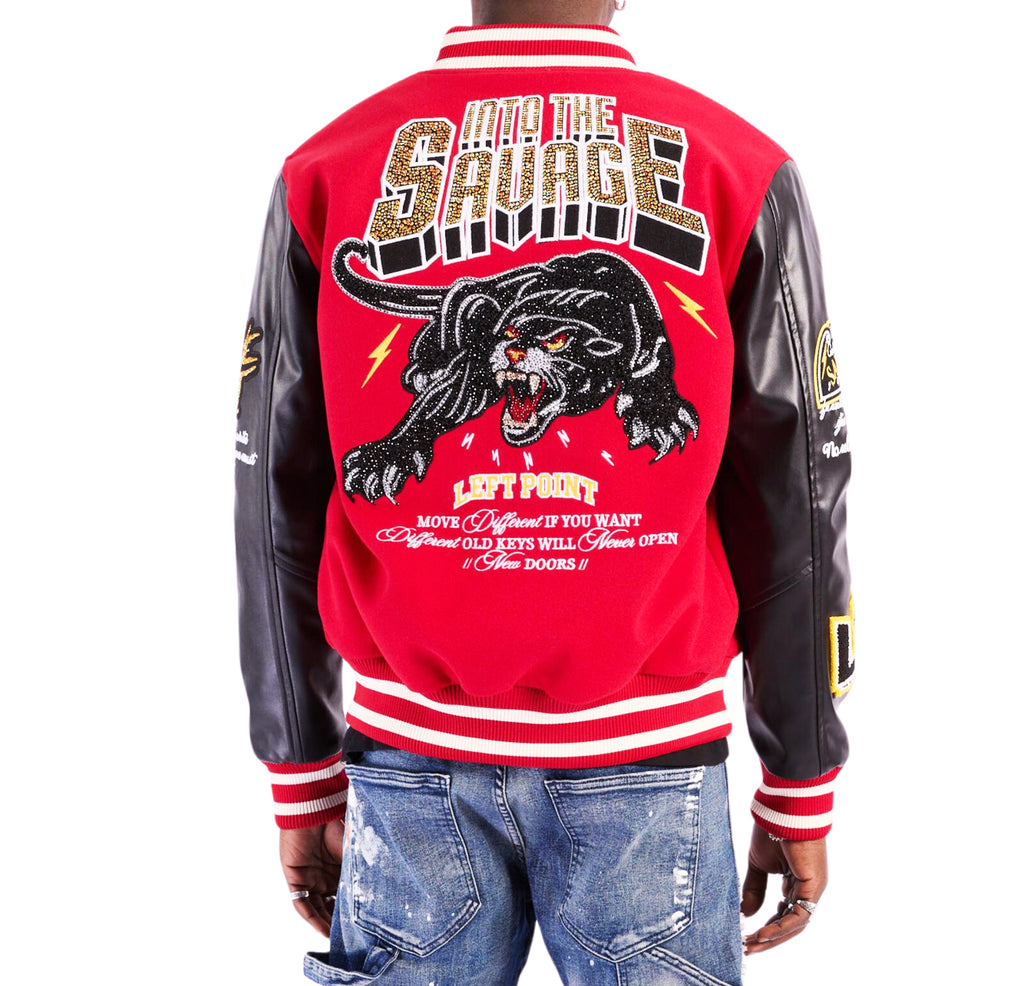 LEFT POINT MEN'S EMBROIDERED & RHINESTONE PANTHER VARSITY JACKET (RED)