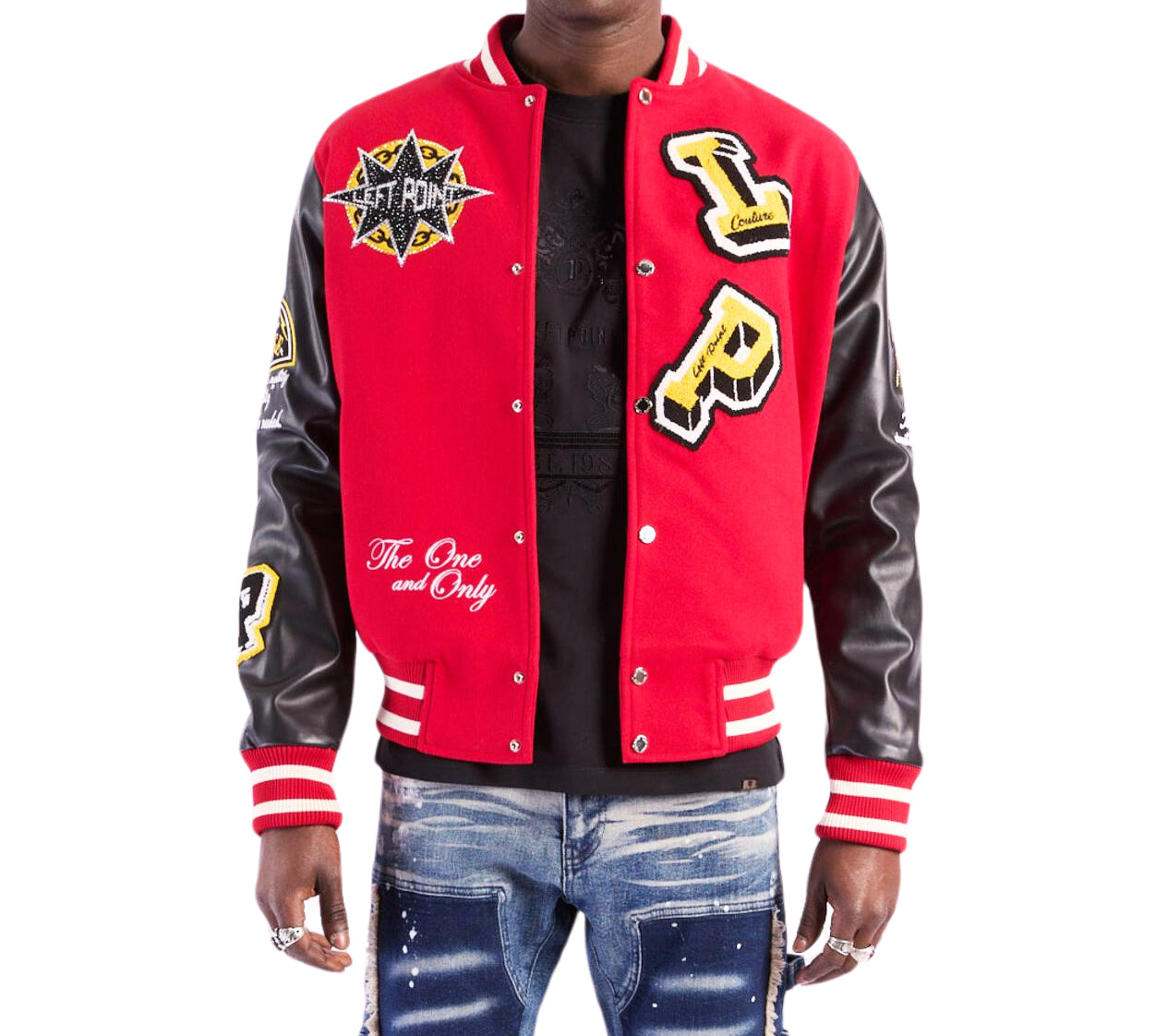 LEFT POINT MEN'S EMBROIDERED & RHINESTONE PANTHER VARSITY JACKET (RED)