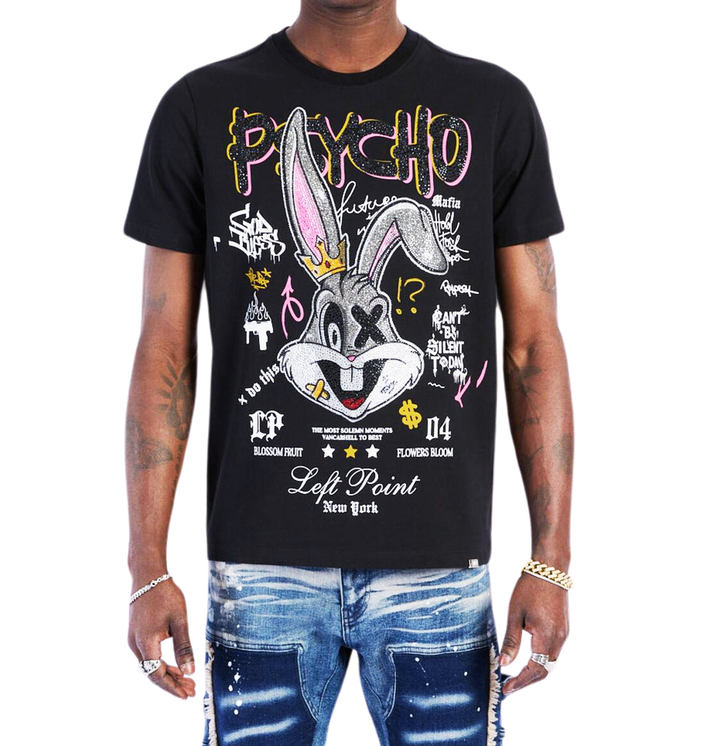 LEFT POINT MEN'S RHINESTONE DESIGN PSYCHO RABBIT OF YOUR SOUL T-SHIRT (BLACK)