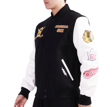 PRO STANDARD MEN'S NHL THE ORIGINAL SIX CLASSIC WOOL VARSITY JACKET (BLACK/WHITE)