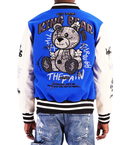 LEFT POINT MEN'S EMBROIDERED & RHINESTONE PAMP BEAR VARSITY JACKET (ROYAL BLUE)