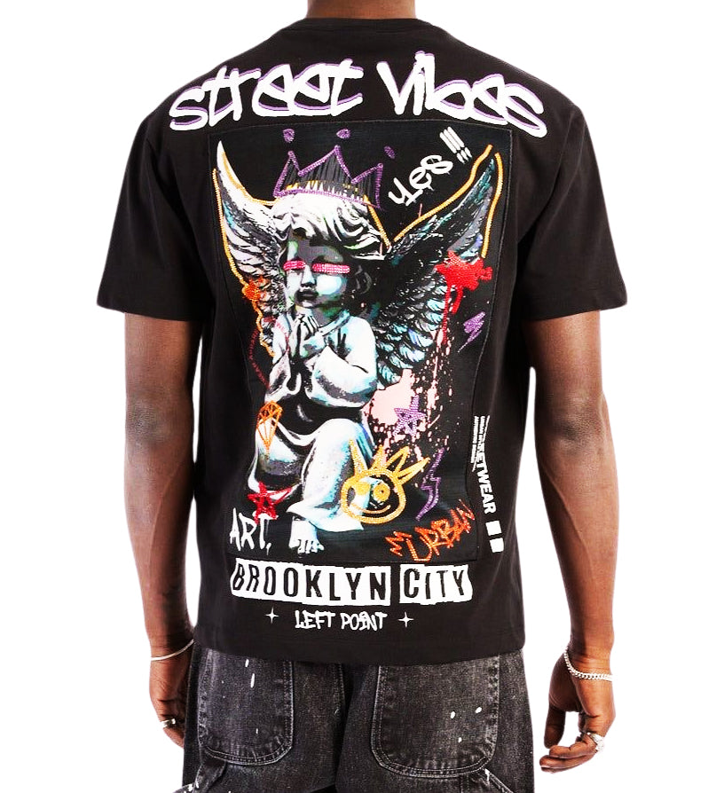 LEFT POINT MEN'S RHINESTONE DESIGN BROOKLYN CITY STREET VIBES T-SHIRT (BLACK)