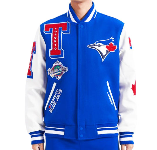 PRO STANDARD MEN'S MLB TORONTO BLUE JAYS MASH UP RIB WOOL ROYAL BLUE/ WHITE VARSITY JACKET