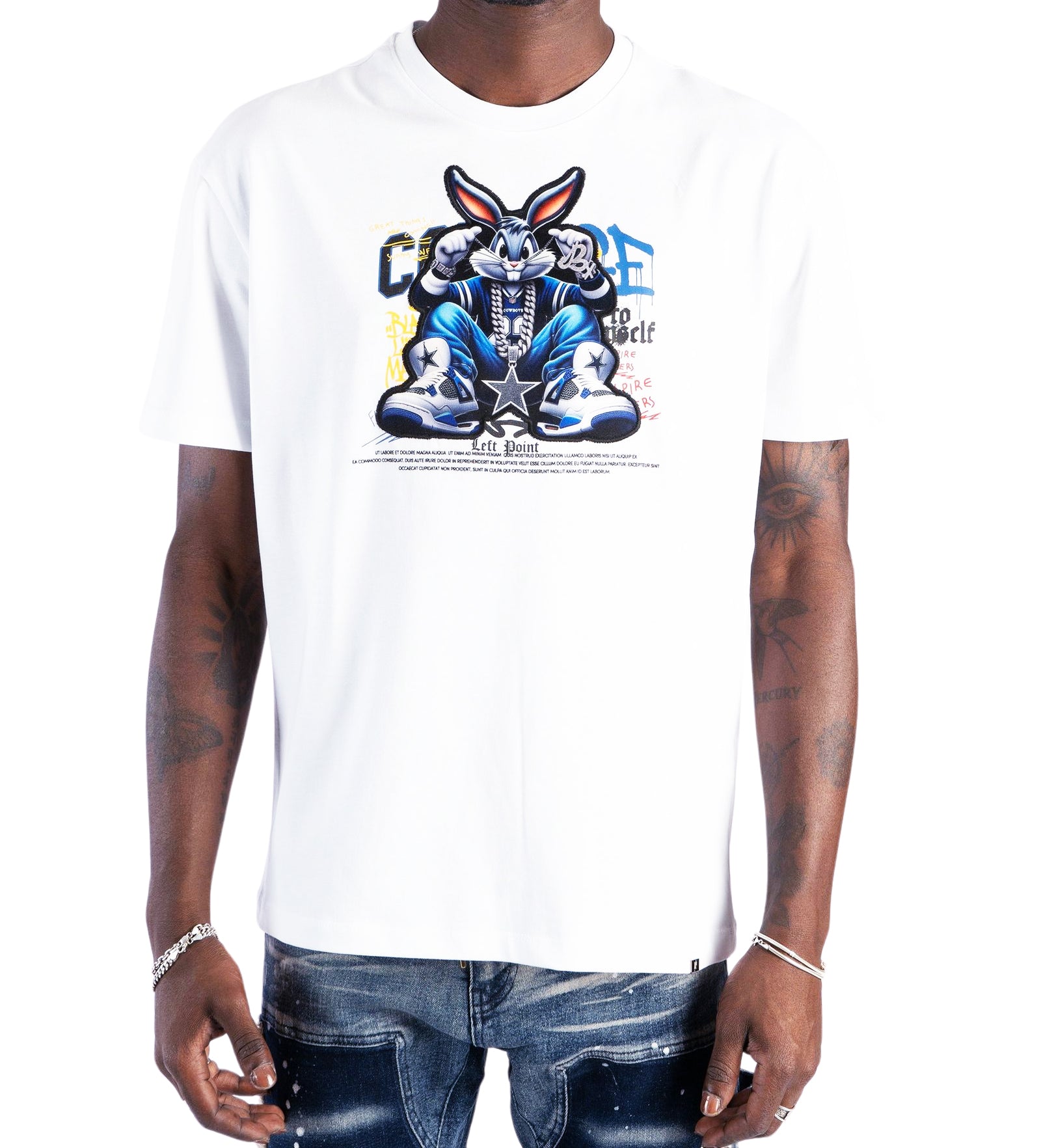LEFT POINT MEN'S RHINESTONE DESIGN PIRE BUNNY T-SHIRT (WHITE)