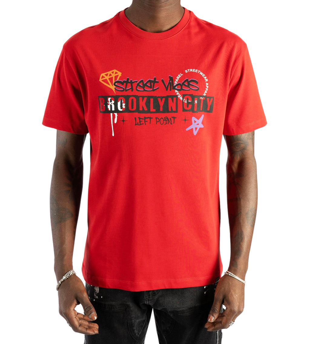 LEFT POINT MEN'S RHINESTONE DESIGN BROOKLYN CITY STREET VIBES T-SHIRT (RED)