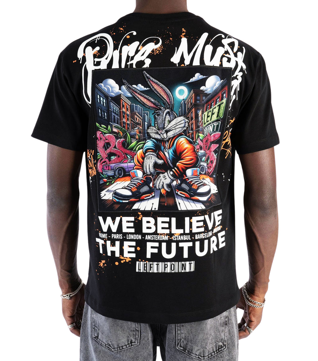 LEFT POINT MEN'S RHINESTONE DESIGN WE BELIEVE THE FUTURE T-SHIRT (BLACK)