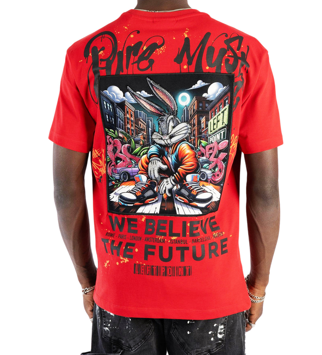 LEFT POINT MEN'S RHINESTONE DESIGN WE BELIEVE THE FUTURE T-SHIRT (RED)