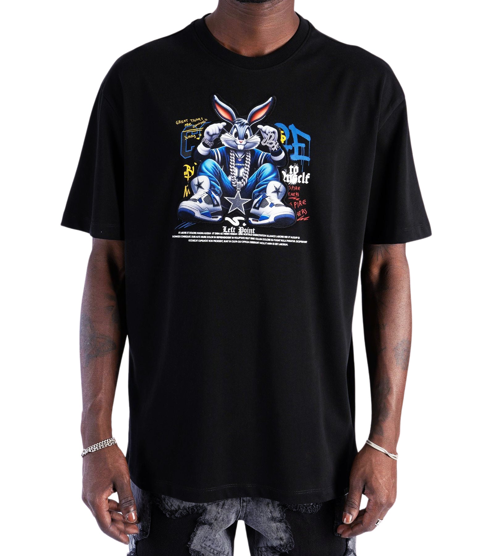 LEFT POINT MEN'S RHINESTONE DESIGN PIRE BUNNY T-SHIRT (BLACK)