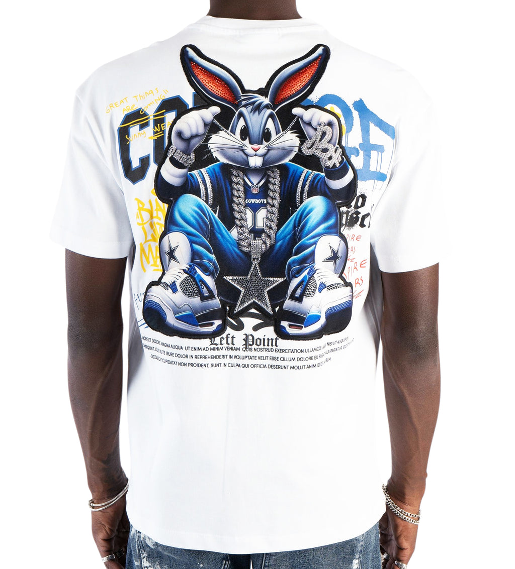 LEFT POINT MEN'S RHINESTONE DESIGN PIRE BUNNY T-SHIRT (WHITE)