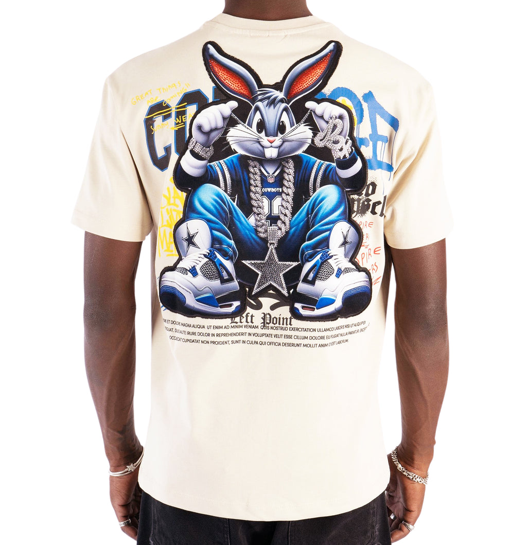 LEFT POINT MEN'S RHINESTONE DESIGN PIRE BUNNY T-SHIRT (BEIGE)