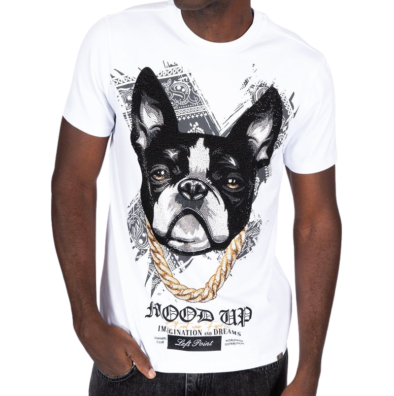 LEFT POINT MEN'S RHINESTONE DESIGN DOG POINT T-SHIRT (WHITE)