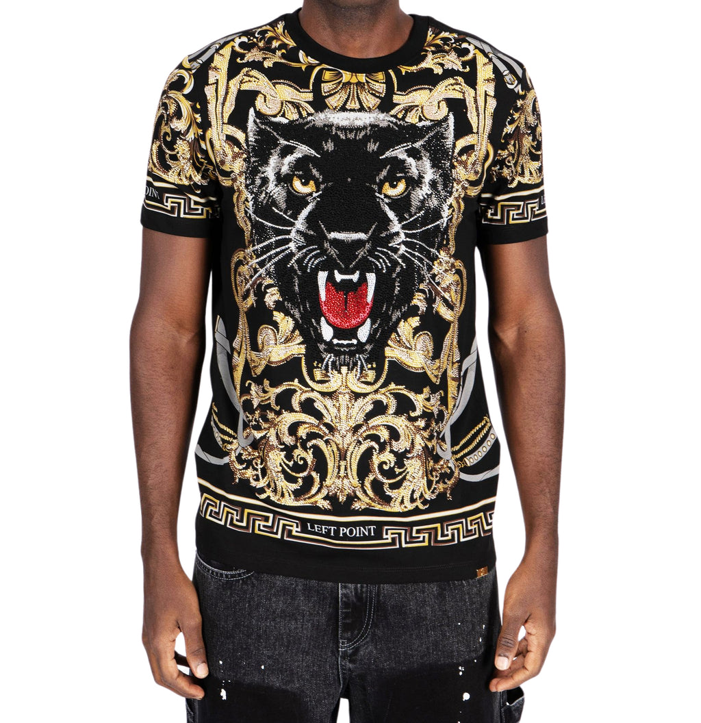 LEFT POINT MEN'S RHINESTONE CREW NECK WILD TIGER T-SHIRT (BLACK)