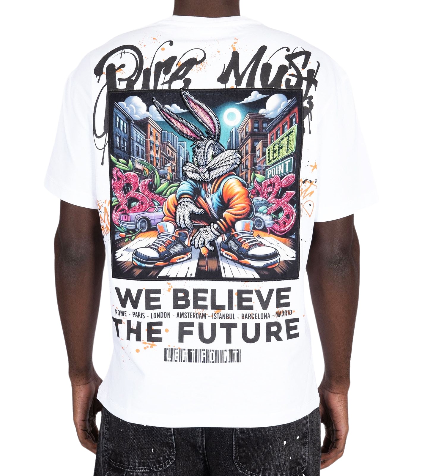 LEFT POINT MEN'S RHINESTONE DESIGN WE BELIEVE THE FUTURE T-SHIRT (WHITE)