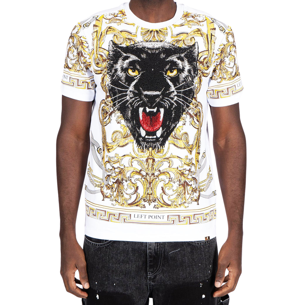 LEFT POINT MEN'S RHINESTONE CREW NECK WILD TIGER T-SHIRT (WHITE)