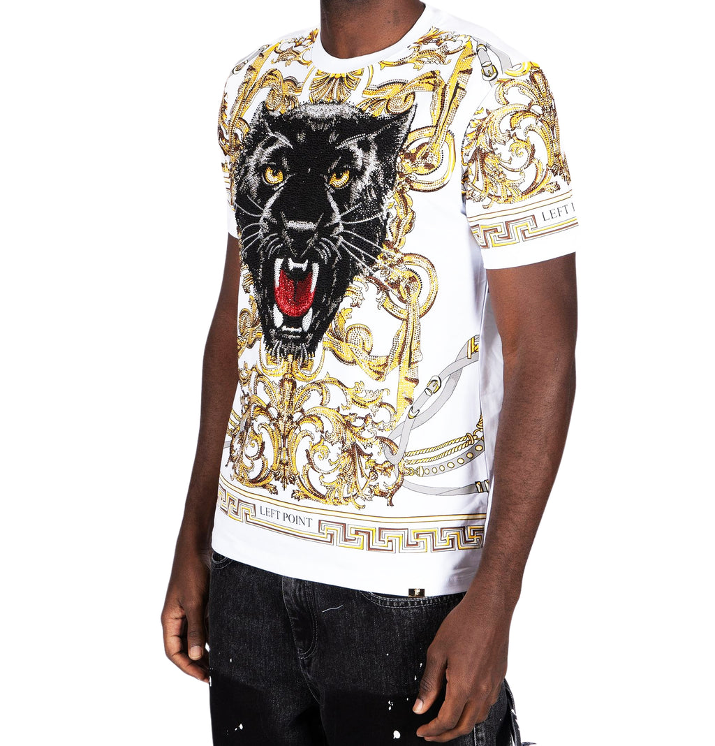 LEFT POINT MEN'S RHINESTONE CREW NECK WILD TIGER T-SHIRT (WHITE)