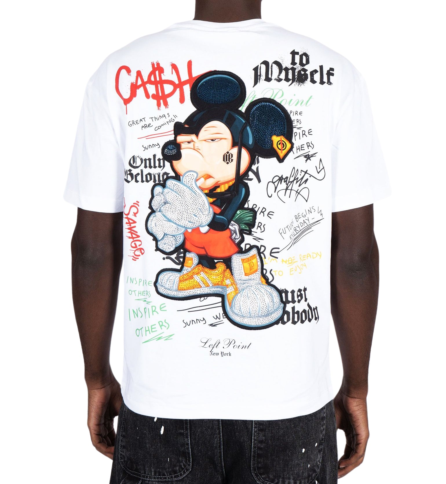 LEFT POINT MEN'S RHINESTONE DESIGN CASH MIKKI T-SHIRT (WHITE)
