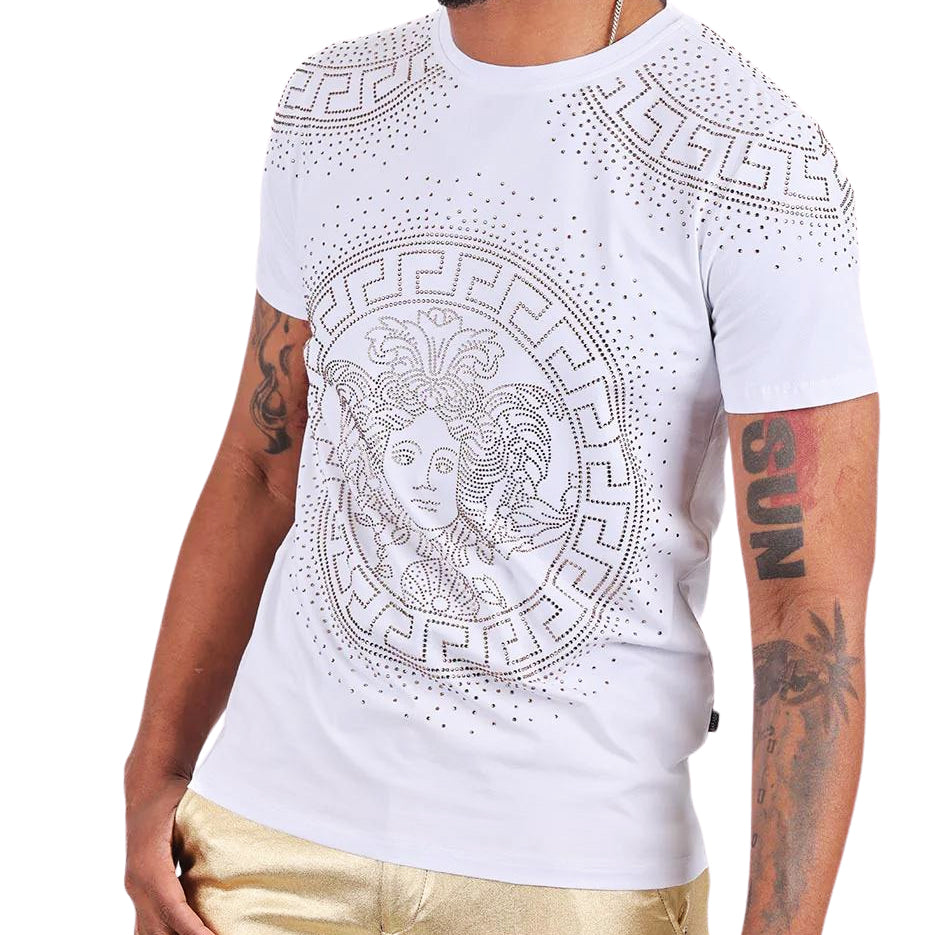 BARABAS MEN'S RHINESTONE SHORT SLEEVE T-SHIRT (WHITE/GOLD)