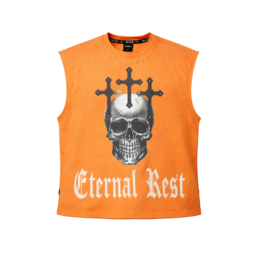 SWITCH MEN'S ETERNAL REST SKULL GRAPHIC CUT-OFF SLEEVELESS MUSCLE TANK TOP (BRICK ORANGE)