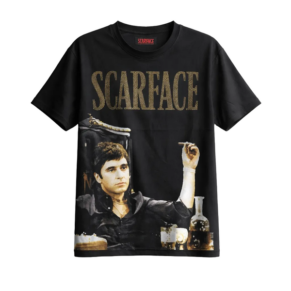 SCARFACE TONY MONTANA GOLD RHINESTONE GRAPHIC BLACK T-SHIRT