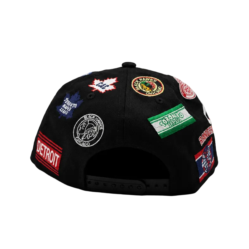 9FIFTY MEN'S ORIGINAL 6 NHL NEW ERA BLACK ALLOVER LOGOS SNAPBACK HAT