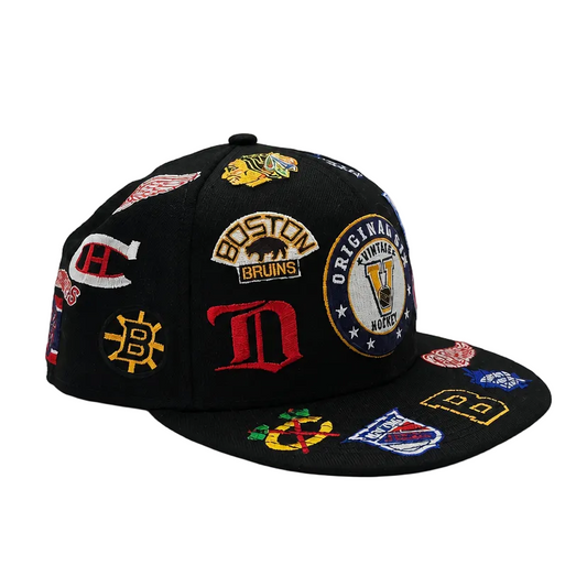 9FIFTY MEN'S ORIGINAL 6 NHL NEW ERA BLACK ALLOVER LOGOS SNAPBACK HAT
