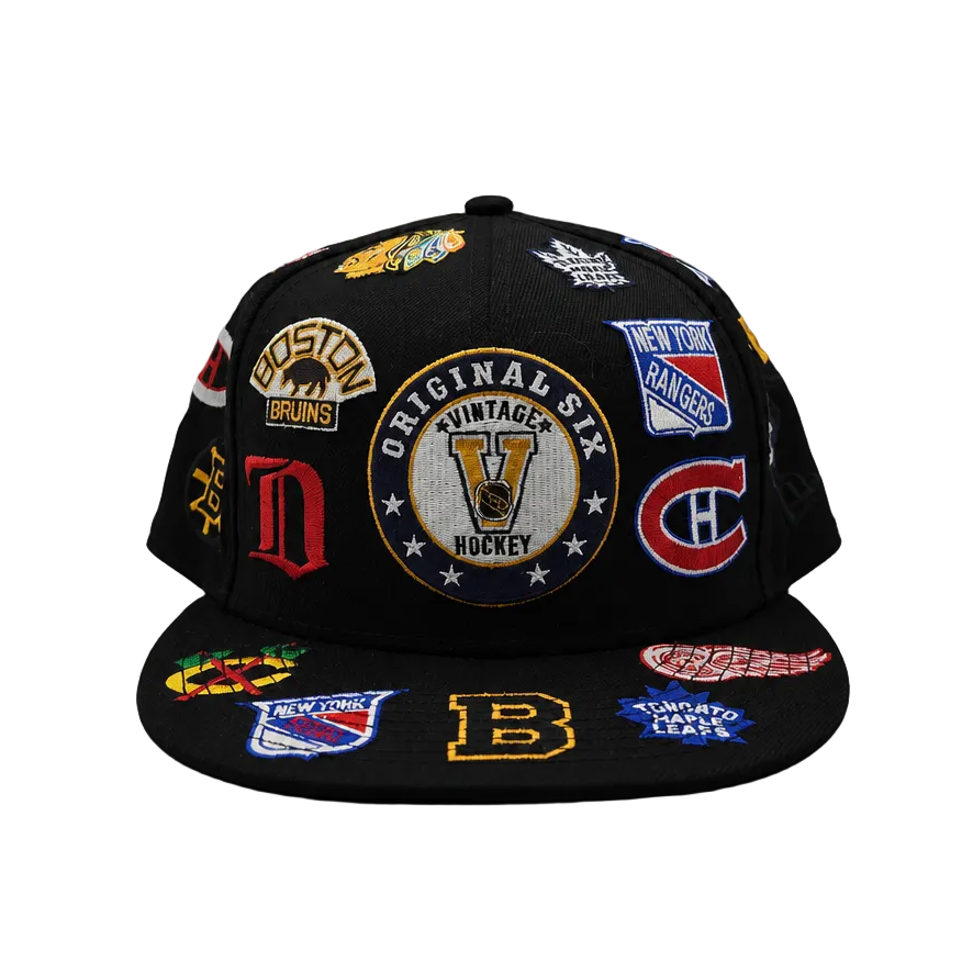 9FIFTY MEN'S ORIGINAL 6 NHL NEW ERA BLACK ALLOVER LOGOS SNAPBACK HAT