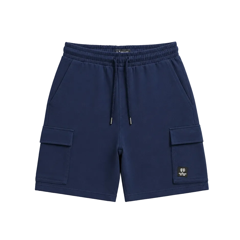 Navy blue cargo shorts on a light gray background