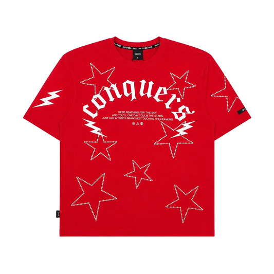 SWITCH MEN'S CONQUERS GRAPHIC & RHINESTONE T-SHIRT/SHORTS SET (RED)